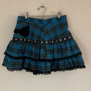 Evil Tooth Plaid Ruffle Mini Skirt, Size L, Blue/Black